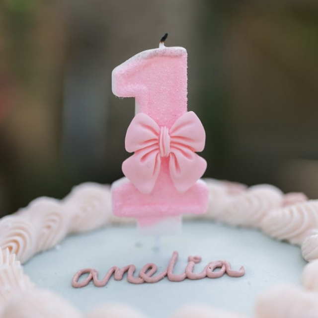 A birthday cake with pink icing, a pink number one candle with a bow, and "amelia" written in pink frosting on top.