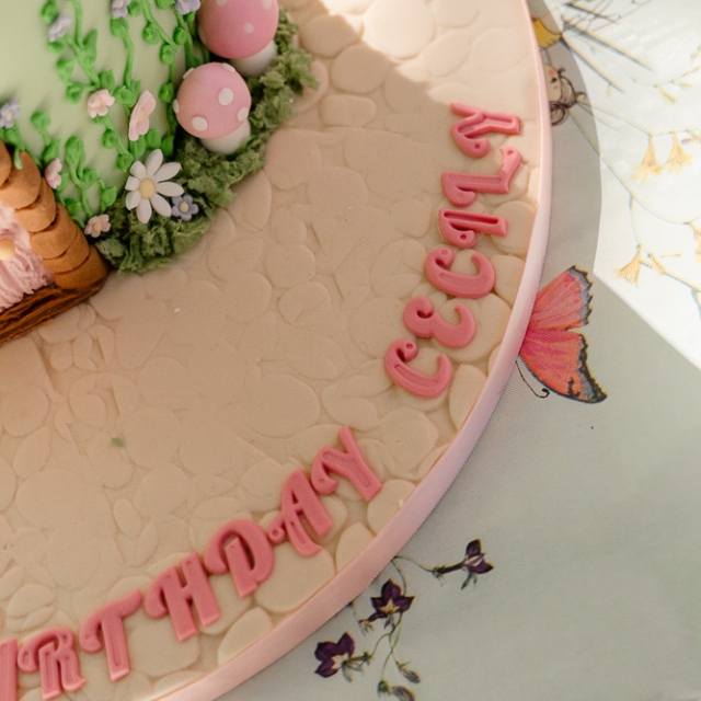 Belgravia-birthday party -photographer (15) Round cake base with pink letters spelling “Birthday Cecilia,” featuring a pastel green cake, small pink fondant balls, and fondant flowers on a butterfly-patterned tablecloth.